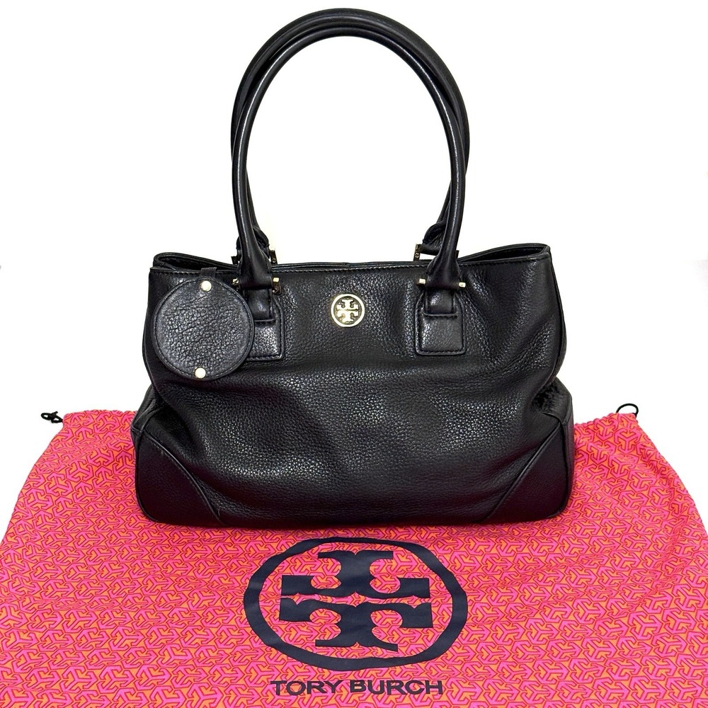 Tory Burch Robinson Triple Compartment Black‎ Pebbled Leather Tote Shoulder Bag